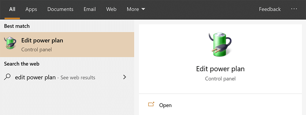 Search for "Edit Power Plan" in Start Search for "Edit Power Plan" in Start